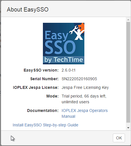 About EasySSO pop up The About EasySSO pop up shows you information about your EasySSO installation.